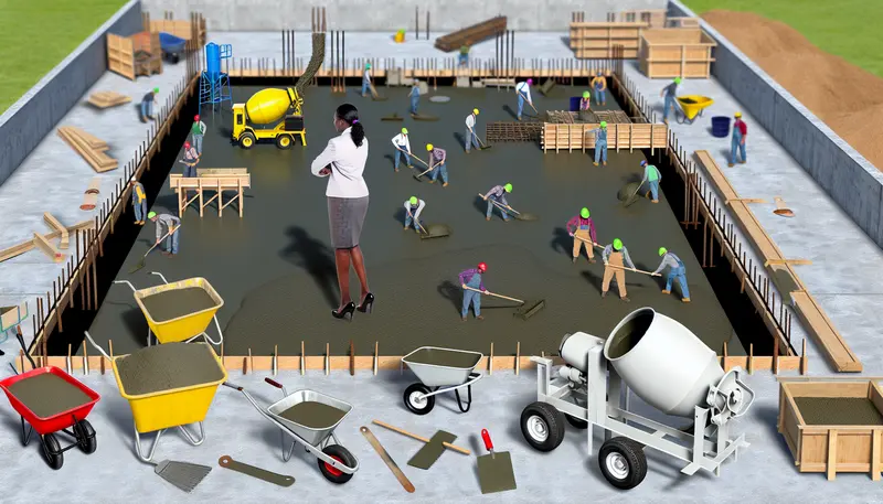 An experienced concrete contractor manages the detailed process of pouring and finishing a large concrete slab, illustrating cost factors in a modern construction setting.