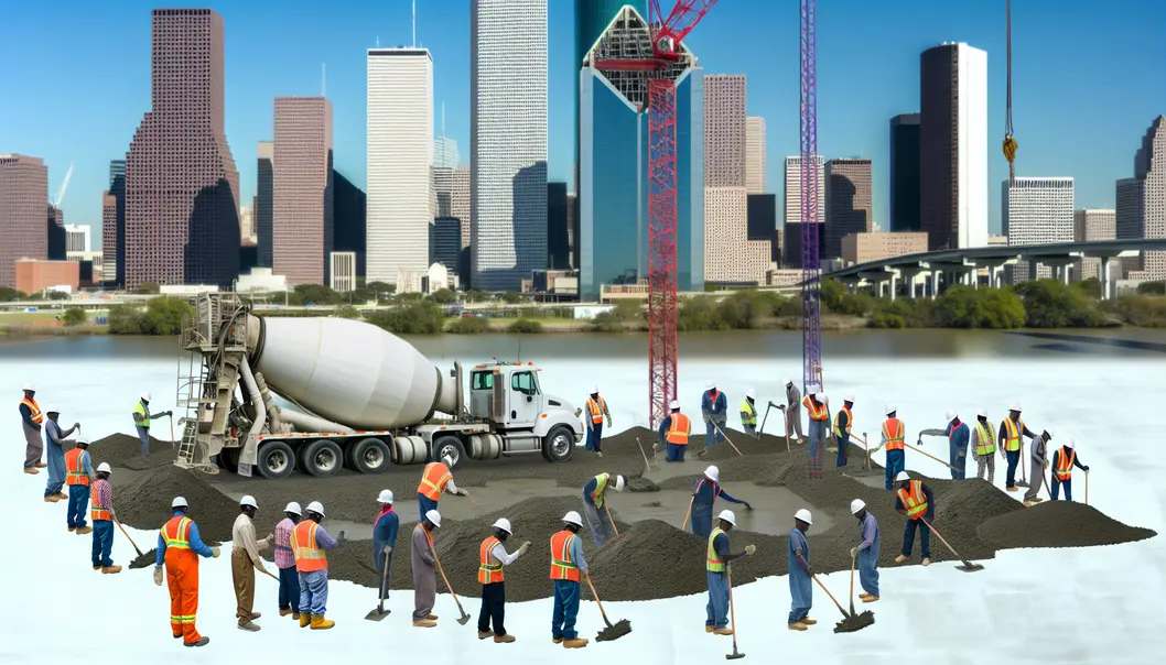 A Houston construction site during concrete pouring, illustrating project scale and environmental factors.