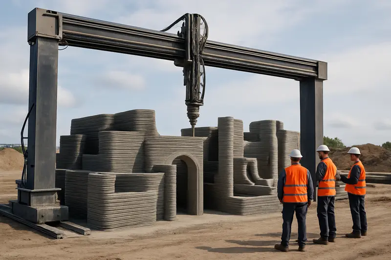 Smart concrete with embedded sensors monitored by engineers on-site.