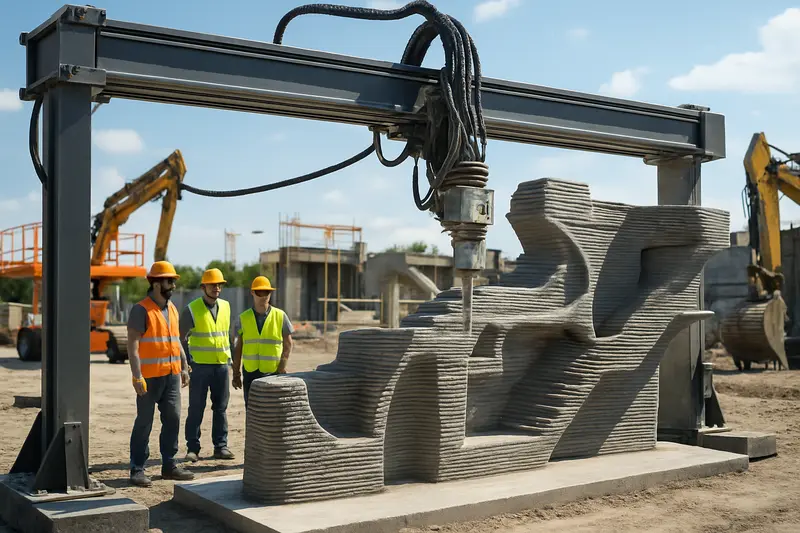 A state-of-the-art 3D printer creating complex concrete structures on a construction site.