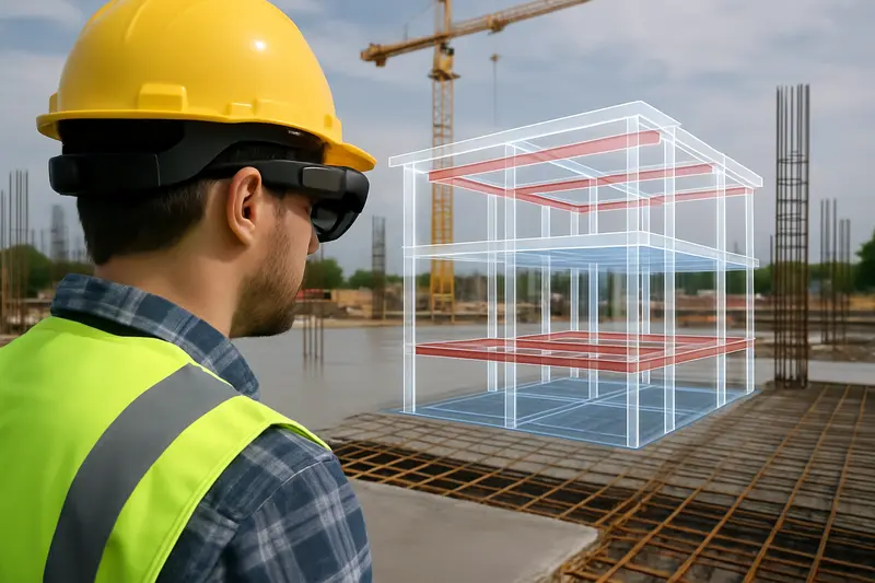Smart concrete with embedded sensors monitored by engineers on-site.