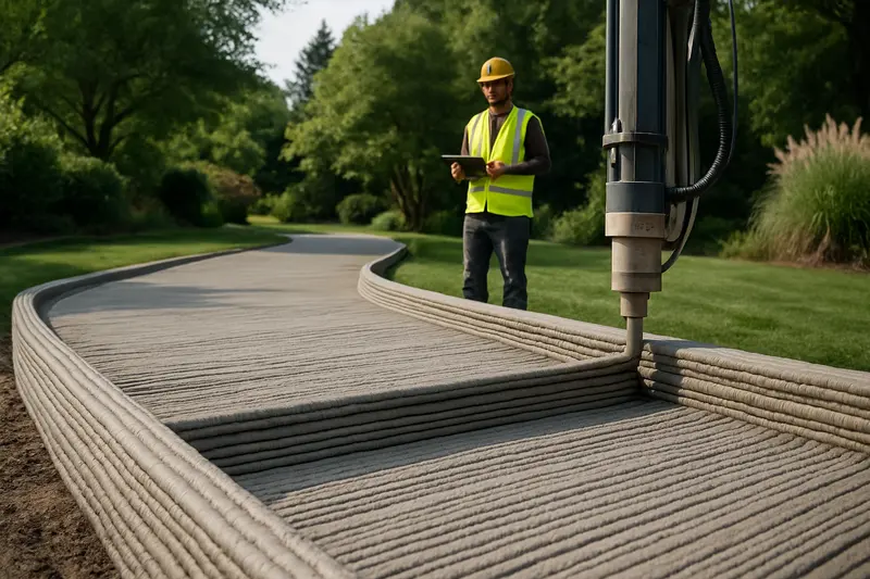 A state-of-the-art 3D printer creating complex concrete structures on a construction site.