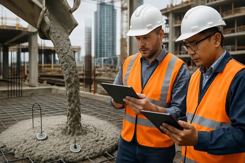 Smart concrete with embedded sensors monitored by engineers on-site.