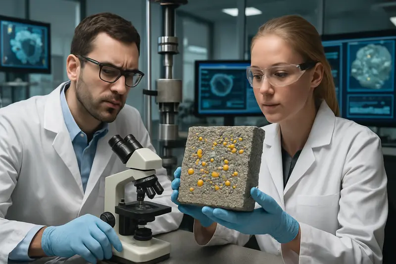 Laboratory testing of innovative self-healing concrete materials with microcapsules and bacteria.